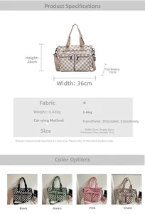 Detailed size specifications and color options for checkerboard canvas tote bag