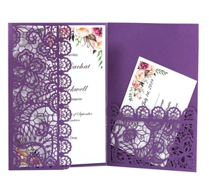 Elegant laser cut purple lace wedding invitation set with floral inner cards and RSVP
