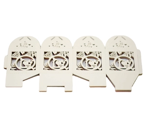 Laser cut ivory candy boxes with heart and ring patterns for weddings and parties