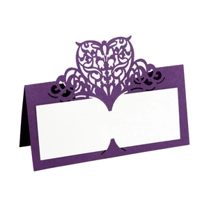Laser cut heart design purple table place cards for wedding or event guest seating