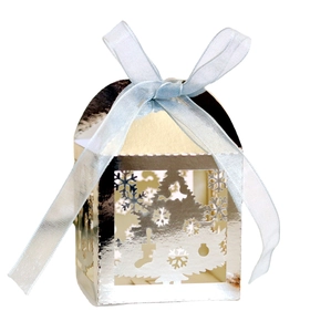 Elegant laser cut silver Christmas tree gift box with blue ribbon for holiday candy