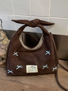 Vintage Suede Dumpling Crossbody Bag For Women Large Capacity Shoulder Bag With Blue Bows Underarm Bag Daily Casual Purse