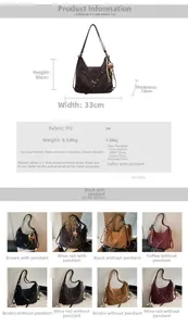 Detailed size specifications and color options for the large vintage PU leather hobo tote bag