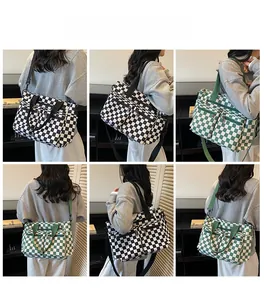 Collage of checkered canvas tote bag showing crossbody and shoulder carrying styles