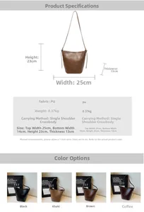 Detailed size chart and multi-color view of minimalist PU leather bucket shoulder bag