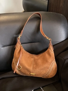 Vintage Artificial Suede PU Leather Hobo Shoulder Bag For Women Contrast Stitching Underarm Bag Commuter Handbag Satchel