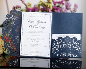 Elegant navy blue laser-cut lace wedding invitation with white inner print card