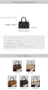Detailed size specifications and color variants of the PU leather textured handbag