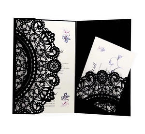 Macro detail of laser-cut black lace wedding invitation with floral printed insert card