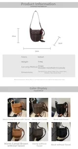 Maßangaben und Farbvarianten der Vintage-Samt-Eimertasche mit dekorativen Quastenanhängern