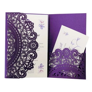 Elegant purple laser cut wedding invitation set with lace hollow pattern and inserts