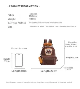 Size guide for large capacity embroidered backpack showing dimensions and features
