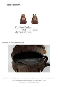 Detail of dark brown corduroy backpack showing Chef Puppy embroidery and striped lining