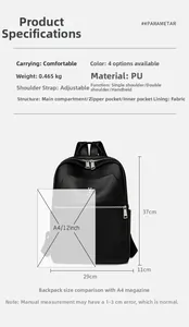 Detailed size parameters of black PU leather backpack with A4 magazine comparison