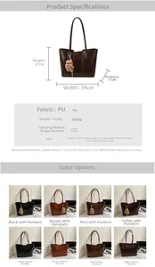 Detailed size chart and multi-color options for the large PU leather tote bag