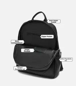 Detail view of large black leather backpack showing multiple storage compartments and pockets