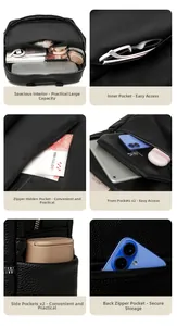 Detailed interior and exterior pocket layout of large black pebbled leather backpack