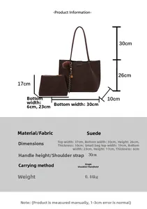 Size chart showing large suede tote and small pouch dimensions with pom-pom detail