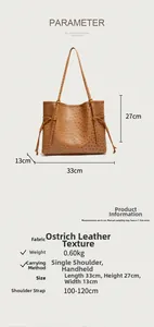 Detailed view of brown ostrich-texture tote bag showing large capacity and dimensions