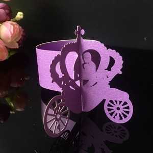 Laser-cut purple crown carriage napkin ring with couple silhouette for wedding decor