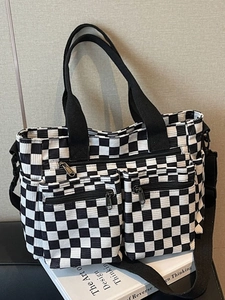 Vintage Checkerboard Corduroy Multi-Pocket Tote Bag For Women Casual Fashion Shoulder Crossbody Bag Adjustable Strap