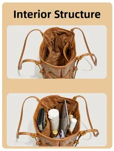 Internal structure of brown ostrich texture tote bag showing spacious compartments