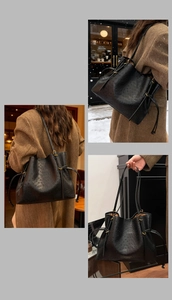 Detail of black ostrich-pattern tote bag with drawstring closure in various settings