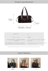 Detailed size chart and multi-color view of the large capacity PU leather tote bag
