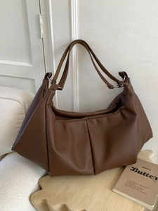 Large Capacity PU Leather Tote Bag For Women Retro Slouchy Pleated Hobo Bag Minimalist Commuter Shoulder Bag Silver Rings