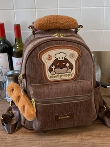 Cute Puppy Chef Corduroy Backpack For Women Preppy Style Large Capacity Brown Rucksack With Plush Bread Pendant School Bag