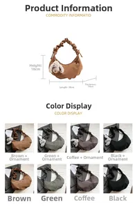 Detail view of crescent shoulder bag with pleated handle and plush bunny charm dimensions