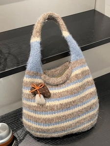 Women Mori Style Hand Knitted Striped Bucket Bag Retro Fabric Crochet Shoulder Bag With Mushroom Charm Daily Small Tote Handbag