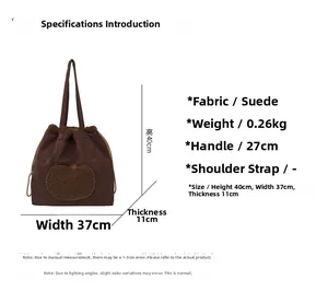 Detailed size chart for the brown suede tote bag showing 40x37x11cm dimensions