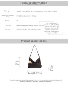 Detailed size chart for retro dark brown PU leather tote bag with dimensions and strap info