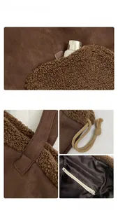 Detail showing brown suede and sherpa fleece texture with reinforced handles and interior pocket