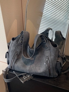 Retro charcoal grey large capacity tote bag with suede texture and metal zippers