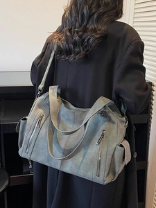 Retro grey-green large tote bag with multi-zipper pockets and versatile shoulder strap