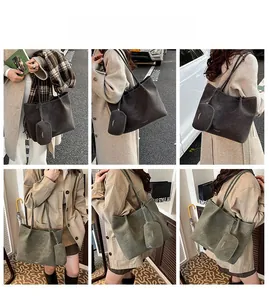 Detailed views of vintage large tote bag showing size and capacity on a model