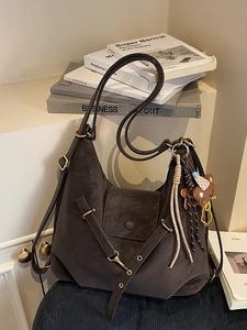 Retro dark brown large capacity hobo bag in matte PU leather with cute bear charm