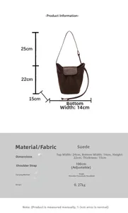 Detailed size chart for dark brown suede bucket bag with adjustable shoulder strap specs