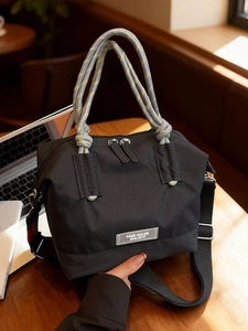 Sac fourre-tout vintage en nylon noir avec poignée en corde et bandoulière large