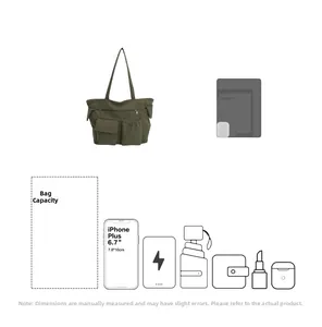 Olive green corduroy tote bag showing interior capacity and pocket storage details