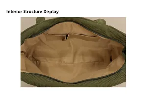 Detailed interior of green corduroy tote bag featuring main compartment and side pockets