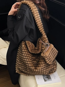 Brown faux fur tote bag with matching mini pouch featuring soft pleated square texture