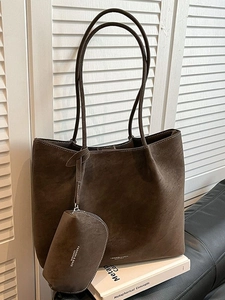 Retro Large Capacity PU Matte Tote Bag For Women Fashion Vintage Shoulder Bag With Small Pouch Commuter Handbag Solid Color