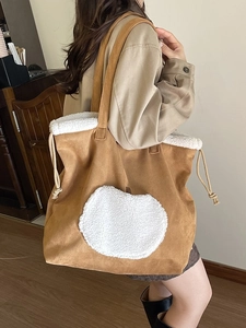 Brown suede tote bag with white sheepskin apple patch and drawstring for women