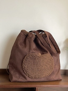 Large vintage faux suede tote bag with brown plush apple patch and embroidery
