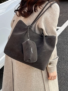 Minimalist large capacity dark grey frosted tote bag with contrast stitching and shoulder strap