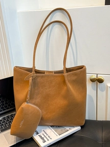 Brown matte leather large tote bag set with matching small pouch and long shoulder strap