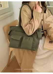 Detail of dark green corduroy tote bag featuring multiple pockets and retro minimalist texture